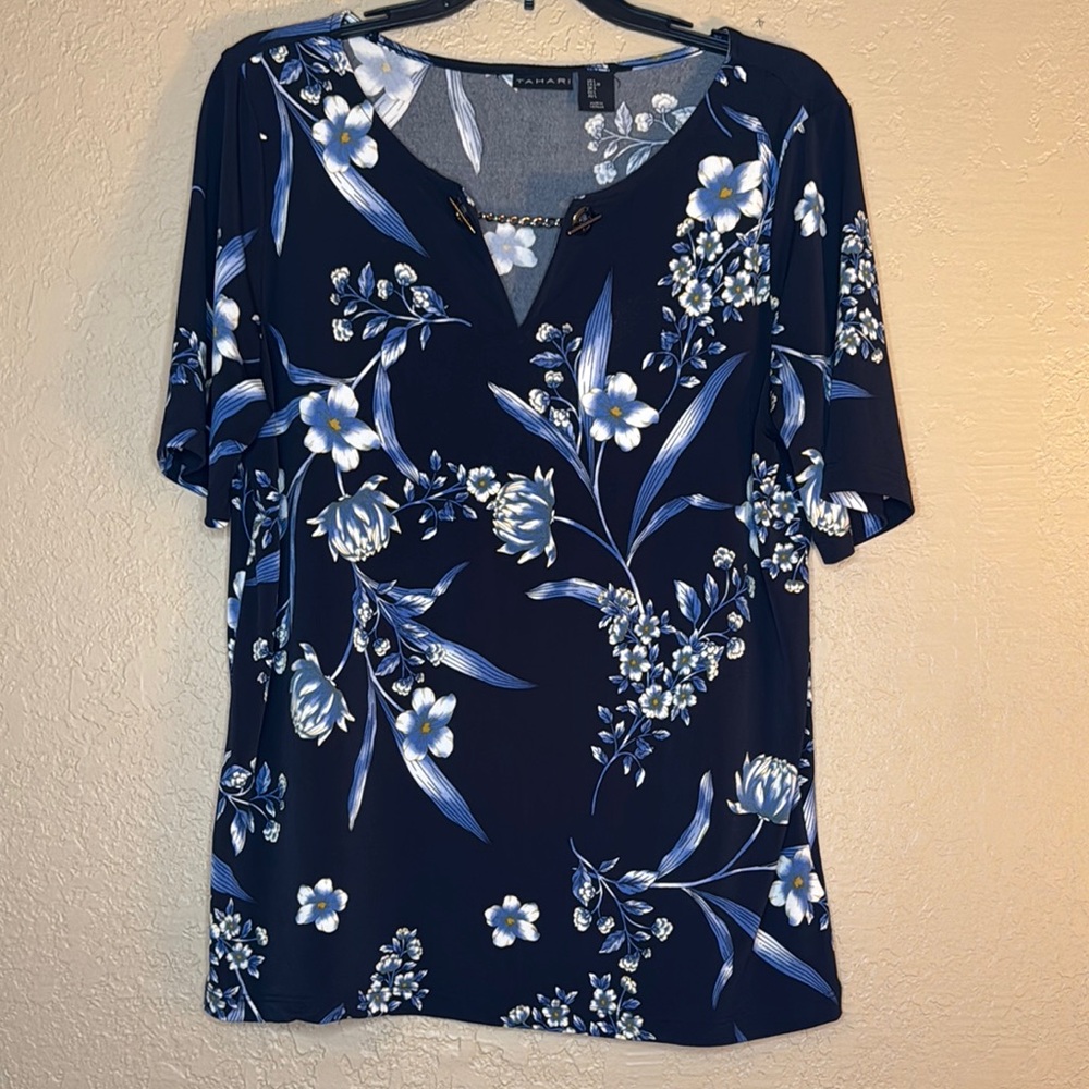 Navy Floral blouse by Tahari size Large